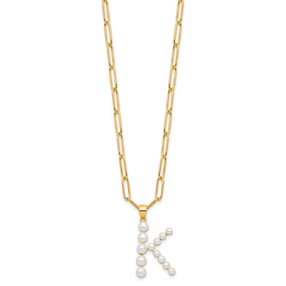 Sterling Silver Gold-plated 3-5.5mm White Button Freshwater Cultured Pearl LETTER K 18 inch Necklace