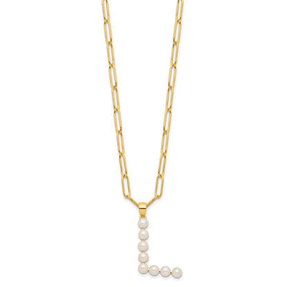 Sterling Silver Gold-plated 3-5.5mm White Button Freshwater Cultured Pearl LETTER L 18 inch Necklace