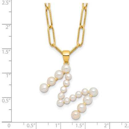 Sterling Silver Gold-plated 3-5.5mm White Button Freshwater Cultured Pearl LETTER M 18 inch Necklace
