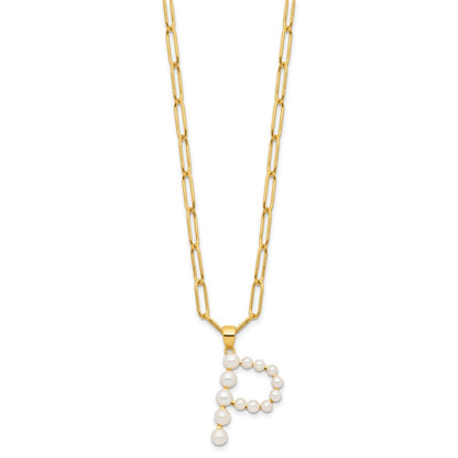 Sterling Silver Gold-plated 3-5.5mm White Button Freshwater Cultured Pearl LETTER P 18 inch Necklace