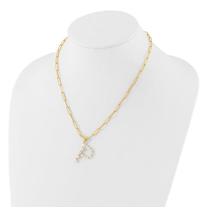 Sterling Silver Gold-plated 3-5.5mm White Button Freshwater Cultured Pearl LETTER P 18 inch Necklace