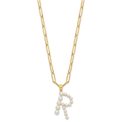Sterling Silver Gold-plated 3-5.5mm White Button Freshwater Cultured Pearl LETTER R 18 inch Necklace