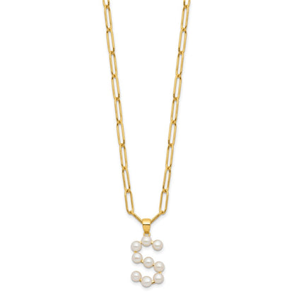 Sterling Silver Gold-plated 3-5.5mm White Button Freshwater Cultured Pearl LETTER S 18 inch Necklace