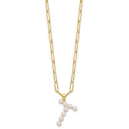 Sterling Silver Gold-plated 3-5.5mm White Button Freshwater Cultured Pearl LETTER T 18 inch Necklace