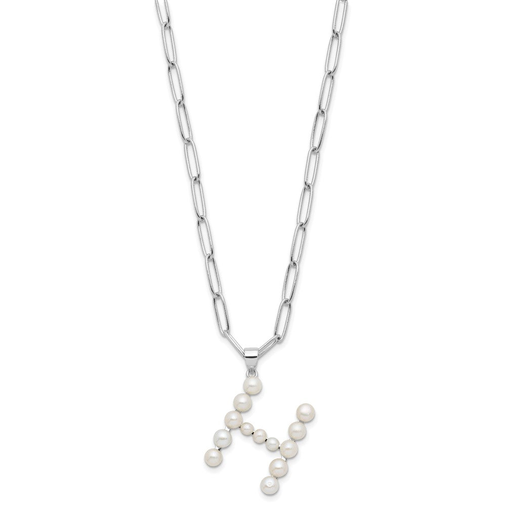 Sterling Silver Rhodium-plated 3-5.5mm White Button Freshwater Cultured Pearl LETTER H 18 inch Necklace
