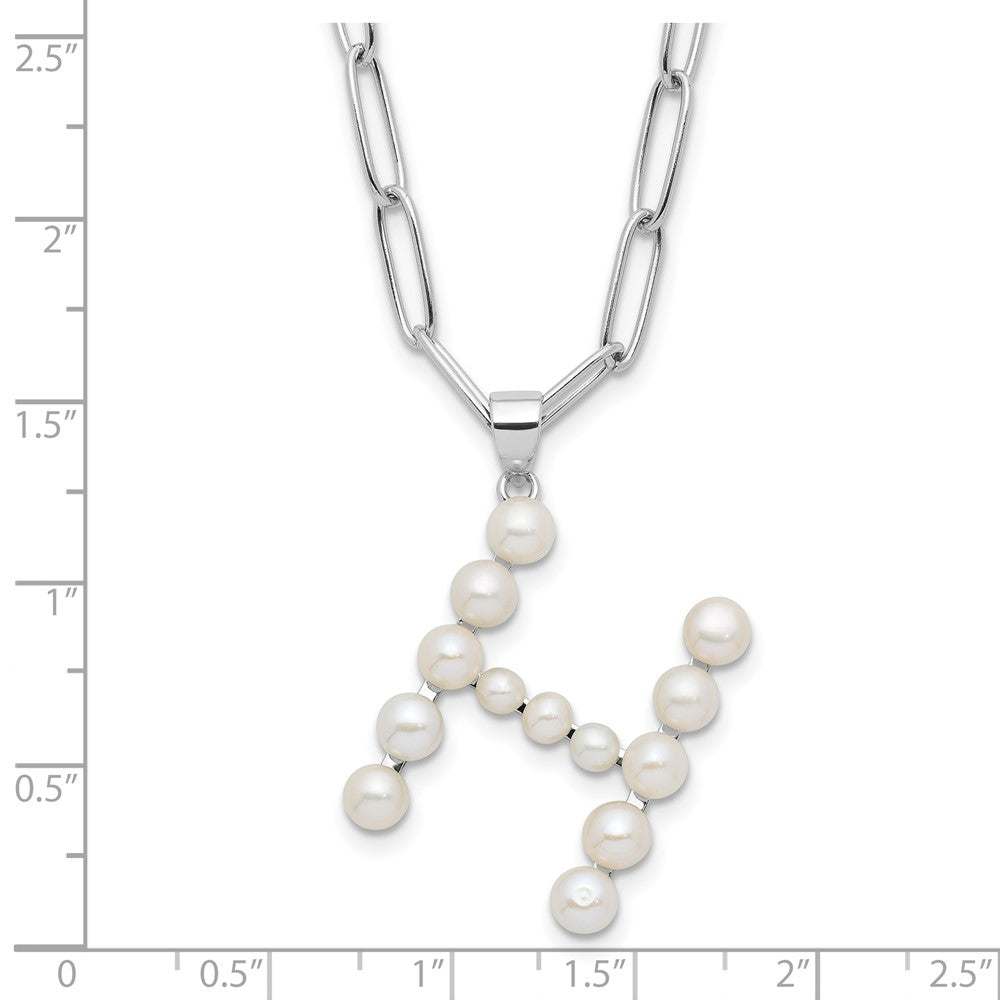 Sterling Silver Rhodium-plated 3-5.5mm White Button Freshwater Cultured Pearl LETTER H 18 inch Necklace