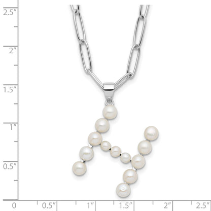 Sterling Silver Rhodium-plated 3-5.5mm White Button Freshwater Cultured Pearl LETTER H 18 inch Necklace