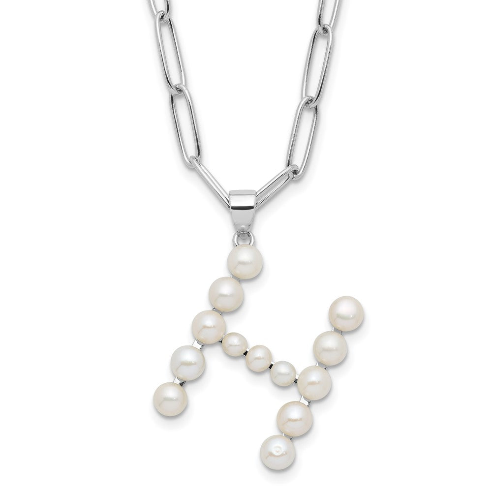 Sterling Silver Rhodium-plated 3-5.5mm White Button Freshwater Cultured Pearl LETTER H 18 inch Necklace