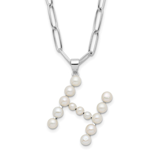Sterling Silver Rhodium-plated 3-5.5mm White Button Freshwater Cultured Pearl LETTER H 18 inch Necklace