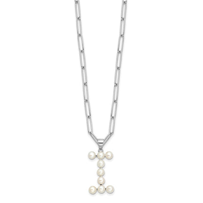 Sterling Silver Rhodium-plated 3-5.5mm White Button Freshwater Cultured Pearl LETTER I 18 inch Necklace