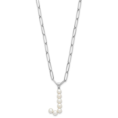 Sterling Silver Rhodium-plated 3-5.5mm White Button Freshwater Cultured Pearl LETTER J 18 inch Necklace