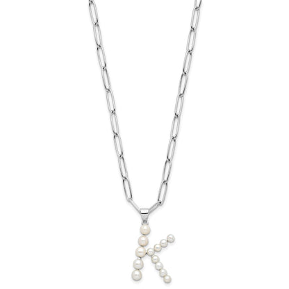 Sterling Silver Rhodium-plated 3-5.5mm White Button Freshwater Cultured Pearl LETTER K 18 inch Necklace