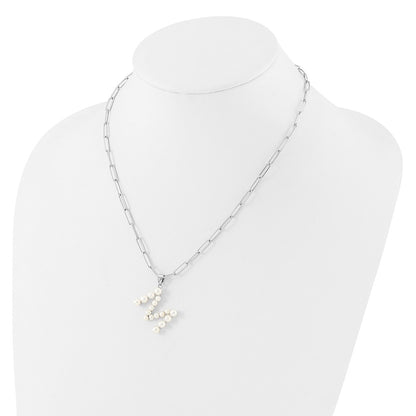 Sterling Silver Rhodium-plated 3-5.5mm White Button Freshwater Cultured Pearl LETTER M 18 inch Necklace