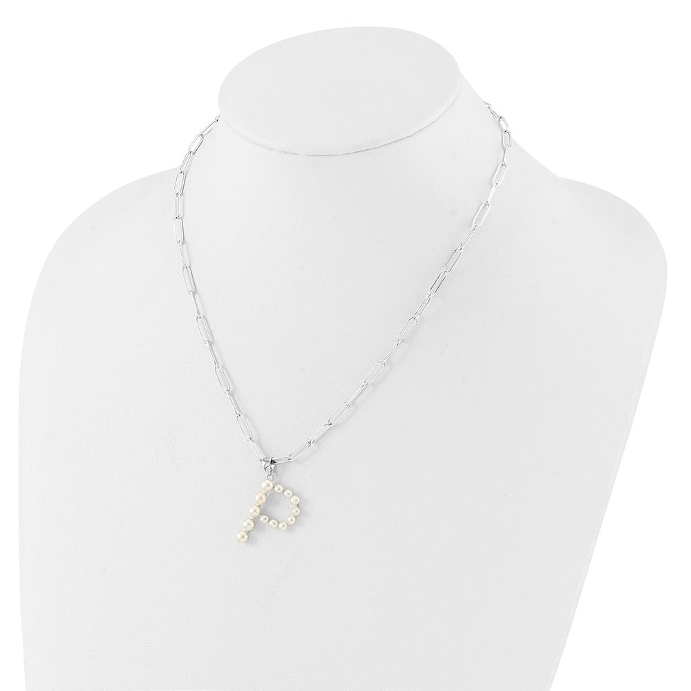 Sterling Silver Rhodium-plated 3-5.5mm White Button Freshwater Cultured Pearl LETTER P 18 inch Necklace