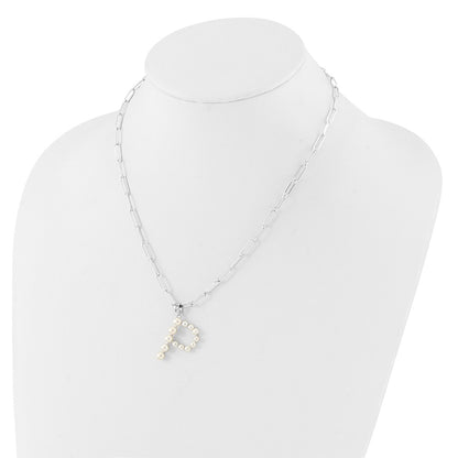 Sterling Silver Rhodium-plated 3-5.5mm White Button Freshwater Cultured Pearl LETTER P 18 inch Necklace