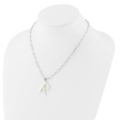 Sterling Silver Rhodium-plated 3-5.5mm White Button Freshwater Cultured Pearl LETTER R 18 inch Necklace