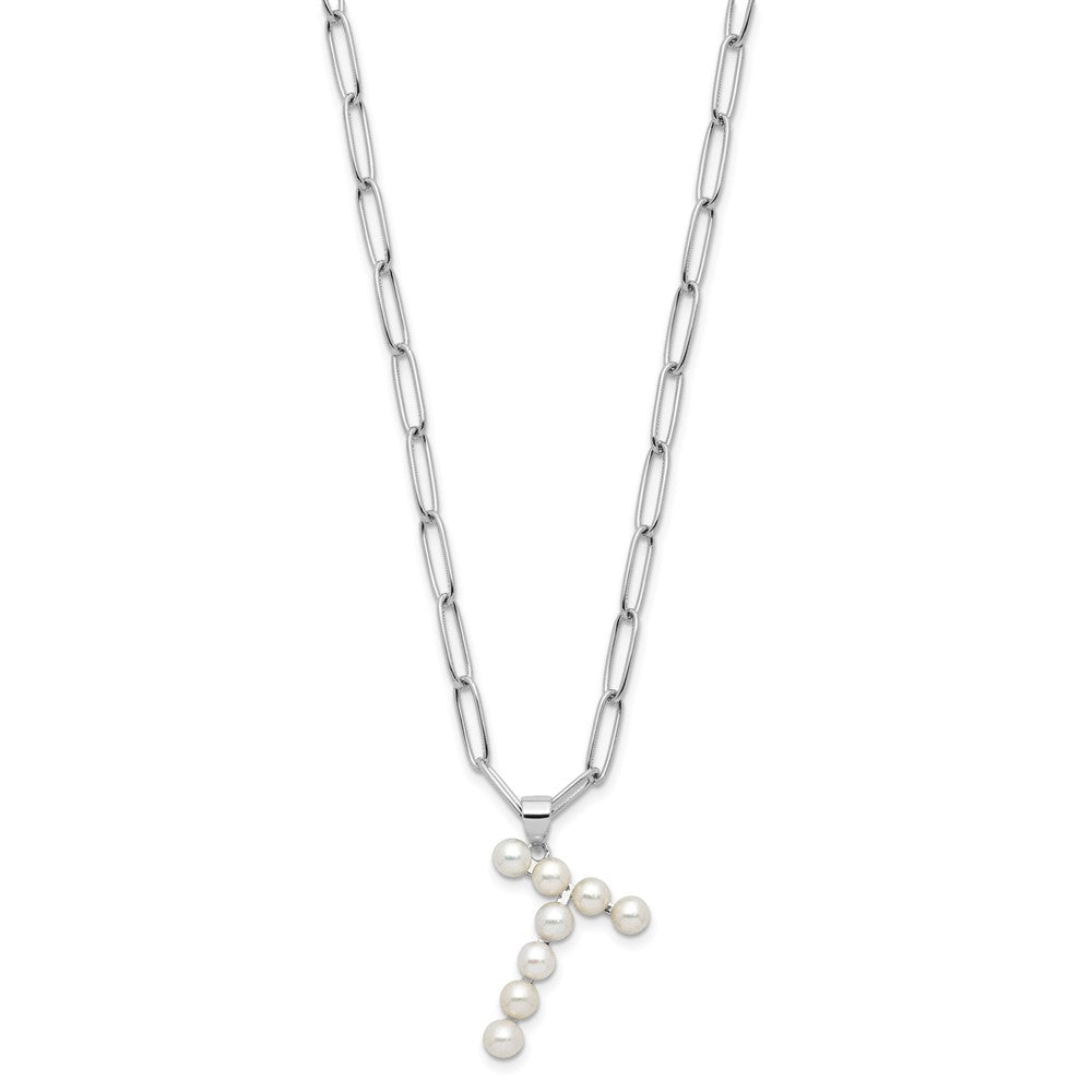 Sterling Silver Rhodium-plated 3-5.5mm White Button Freshwater Cultured Pearl LETTER T 18 inch Necklace