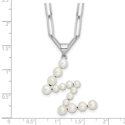 Sterling Silver Rhodium-plated 3-5.5mm White Button Freshwater Cultured Pearl LETTER W 18 inch Necklace