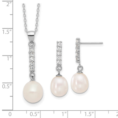 Sterling Silver Rhodium-plated Teardrop Freshwater Cultured Pearl and CZ 17 inch Necklace and Post Earrings Set