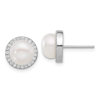 Sterling Silver Rhodium-plated 8-9.5mm White Button Freshwater Cultured Pearl and CZ 17 inch Necklace and Post Earrings Set