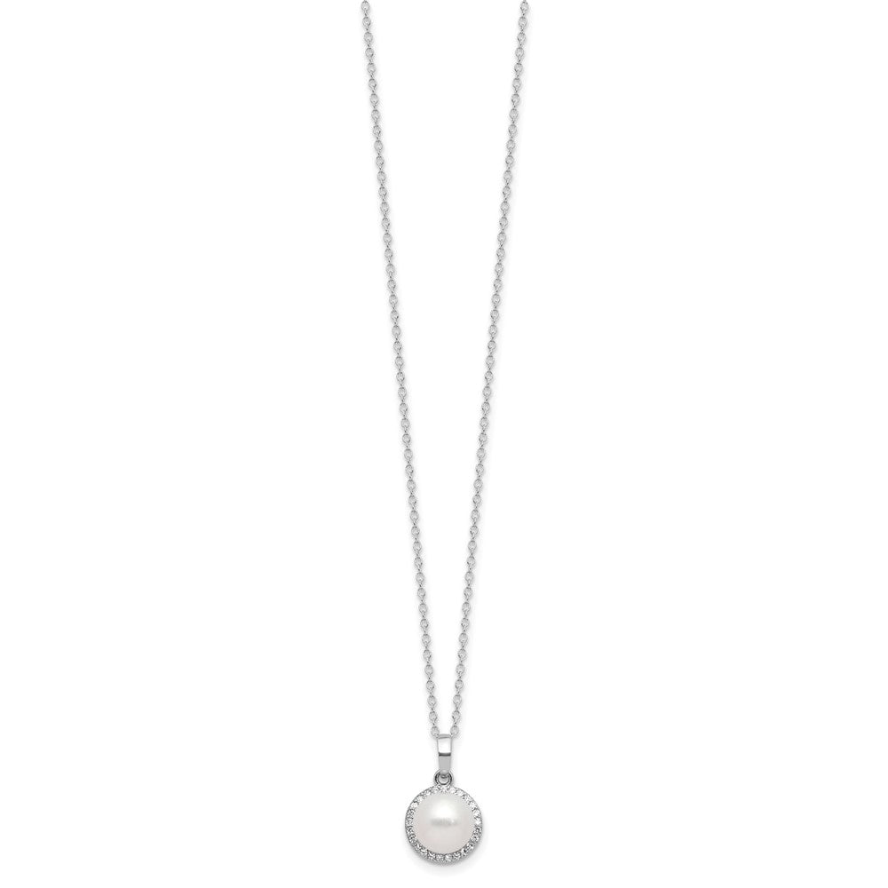 Sterling Silver Rhodium-plated 8-9.5mm White Button Freshwater Cultured Pearl and CZ 17 inch Necklace and Post Earrings Set