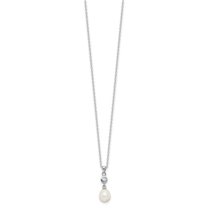 Sterling Silver Rhodium-plated 7-8mm White Teardrop Freshwater Cultured Pearl and CZ 17 inch Necklace and Post Dangle Earrings Set