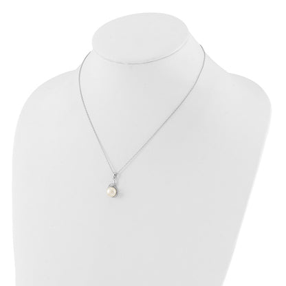 Sterling Silver Rhodium-plated 6-9mm White Button Freshwater Cultured Pearl and CZ 17 inch Necklace and Leverback Earrings Set