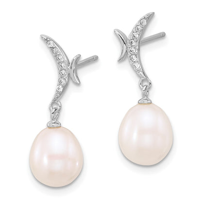 Sterling Silver Rhodium-plated 7-9mm White Teardrop Freshwater Cultured Pearl and CZ 18 inch Necklace and Post Dangle Earrings Set