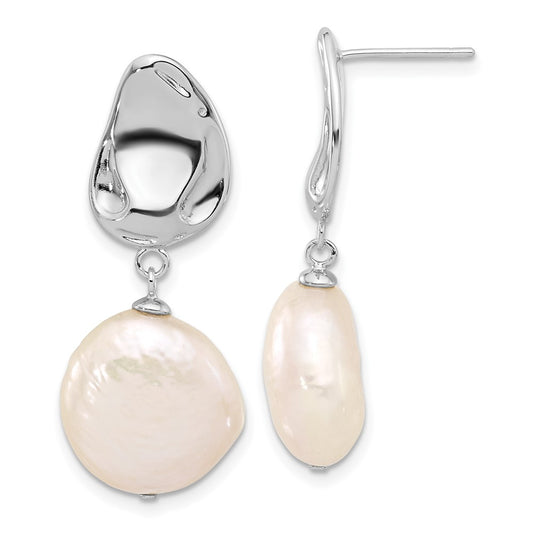 Sterling Silver Rhodium-plated 13-14mm White Coin Freshwater Cultured Pearl 17 inch Necklace and Post Dangle Earrings Set