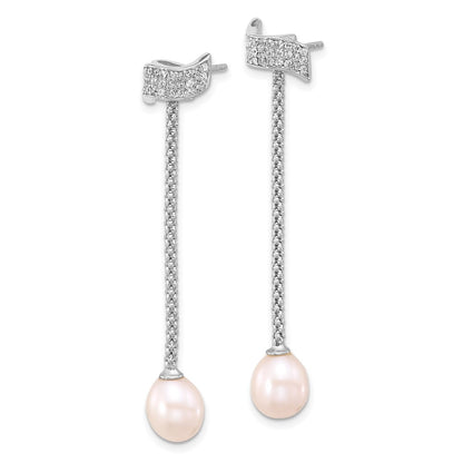 Sterling Silver Rhodium-plated 8-10mm White Teardrop Freshwater Cultured Pearl and CZ 18 inch with 2 inch Extension Necklace and Post Dangle Earrings Set