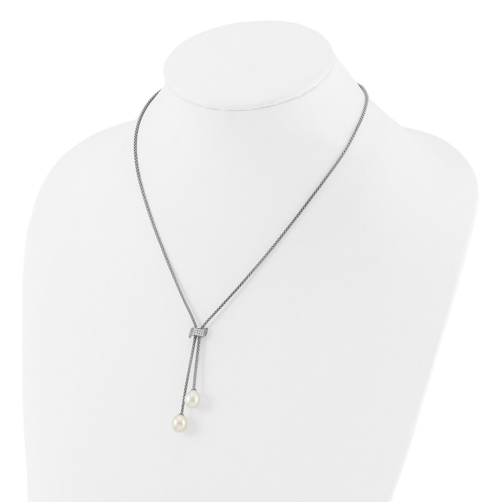 Sterling Silver Rhodium-plated 8-10mm White Teardrop Freshwater Cultured Pearl and CZ 18 inch with 2 inch Extension Necklace and Post Dangle Earrings Set