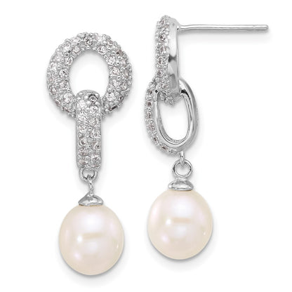 Sterling Silver Rhodium-plated 7-9mm White Teardrop Freshwater Cultured Pearl and CZ 17 inch Necklace and Post Dangle Earrings Set