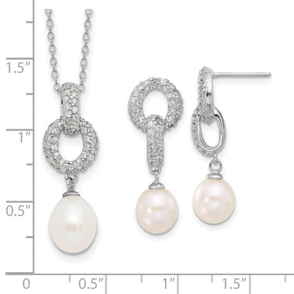 Sterling Silver Rhodium-plated 7-9mm White Teardrop Freshwater Cultured Pearl and CZ 17 inch Necklace and Post Dangle Earrings Set