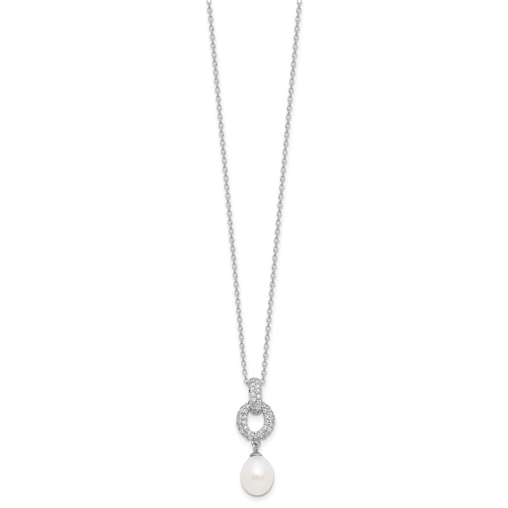 Sterling Silver Rhodium-plated 7-9mm White Teardrop Freshwater Cultured Pearl and CZ 17 inch Necklace and Post Dangle Earrings Set