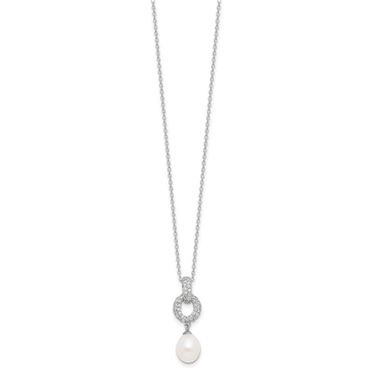 Sterling Silver Rhodium-plated 7-9mm White Teardrop Freshwater Cultured Pearl and CZ 17 inch Necklace and Post Dangle Earrings Set