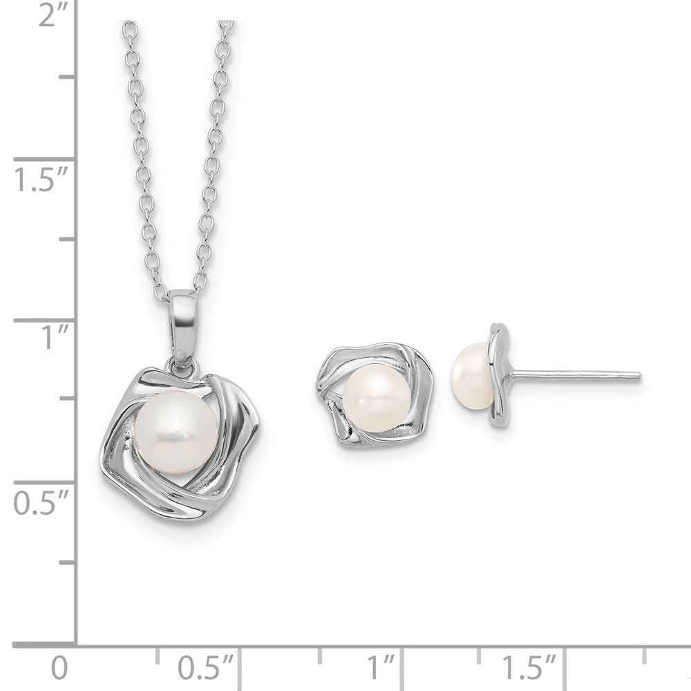 Sterling Silver Rhodium-plated 5-7mm White Button Freshwater Cultured Pearl 18 inch Necklace and Post Earrings Set