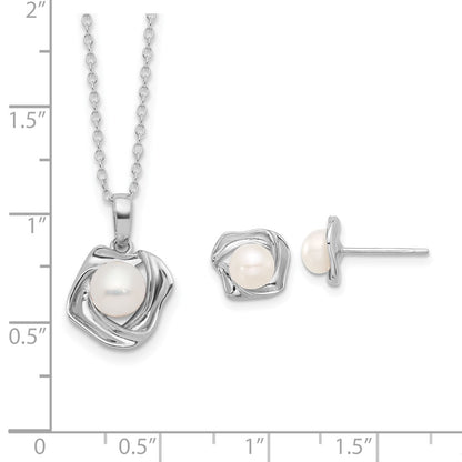 Sterling Silver Rhodium-plated 5-7mm White Button Freshwater Cultured Pearl 18 inch Necklace and Post Earrings Set