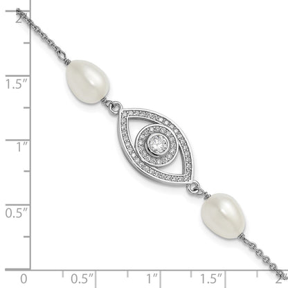 Sterling Silver Rhodium-plated 6-8mm Teardrop White Freshwater Cultured Pearl and CZ Evil Eye 7 inch with 1 inch Extender Bracelet