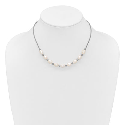 Sterling Silver Rhodium-plated Polished and Beaded 7-8mm Freshwater Cultured Rice Pearl 16 Inch with 2 Inch Extension Necklace