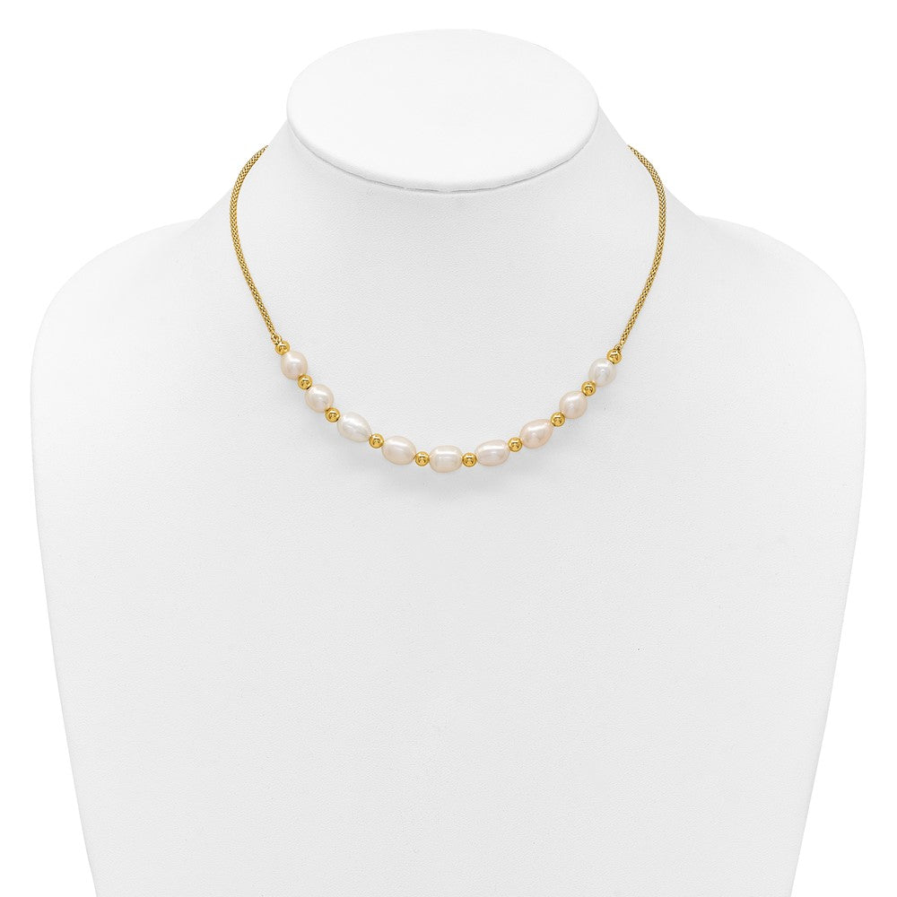 Sterling Silver Gold-tone Polished and Beaded 7-8mm Freshwater Cultured Rice Pearl 16 Inch with 2 Inch Extension Necklace