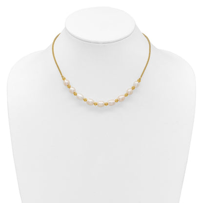 Sterling Silver Gold-tone Polished and Beaded 7-8mm Freshwater Cultured Rice Pearl 16 Inch with 2 Inch Extension Necklace