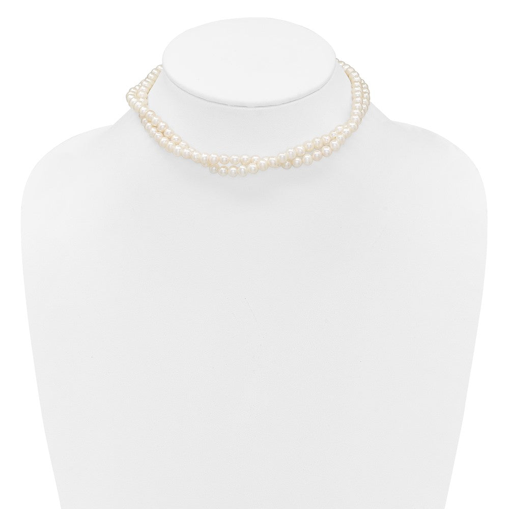 Sterling Silver Rhodium-plated 5-6mm Semi-Round White Freshwater Cultured Pearl 2-Strand 14 inch with 2 inch Extender Choker