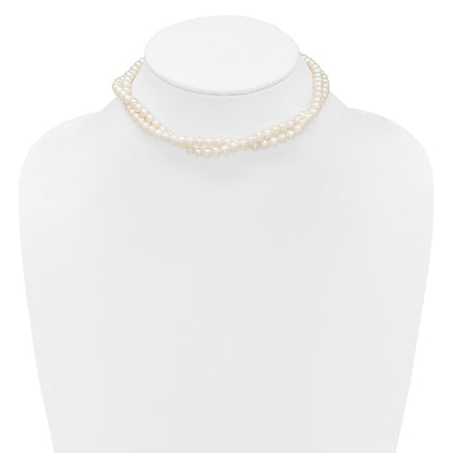 Sterling Silver Rhodium-plated 5-6mm Semi-Round White Freshwater Cultured Pearl 2-Strand 14 inch with 2 inch Extender Choker