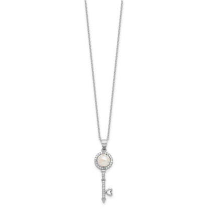 Sterling Silver Rhodium-plated 7-8mm Button White Freshwater Cultured Pearl and CZ Key 17 inch Necklace