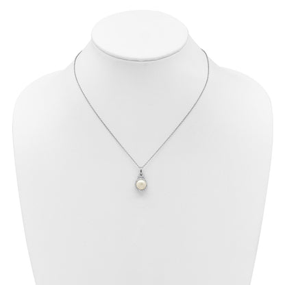 Sterling Silver Rhodium-plated 9-10mm Button White Freshwater Cultured Pearl and CZ Halo 17 inch Necklace
