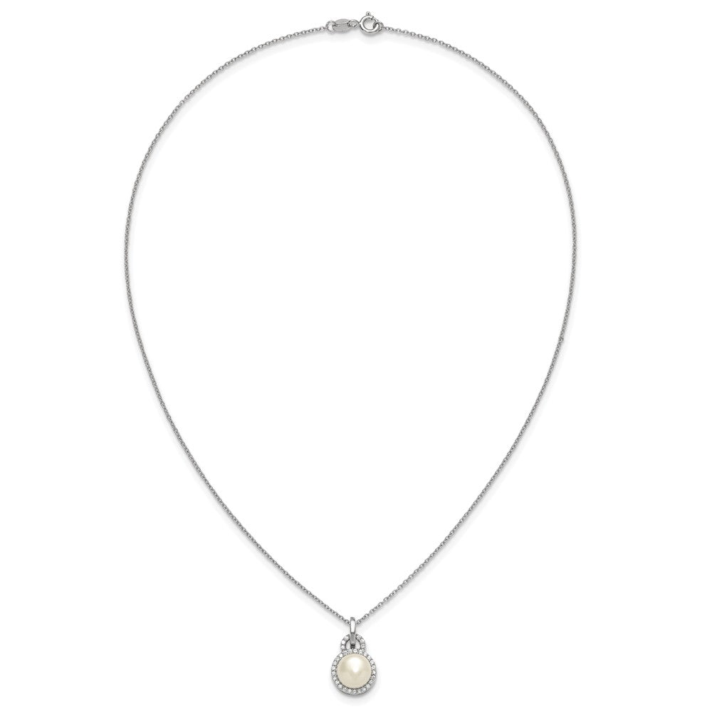 Sterling Silver Rhodium-plated 9-10mm Button White Freshwater Cultured Pearl and CZ Halo 17 inch Necklace