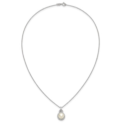 Sterling Silver Rhodium-plated 9-10mm Button White Freshwater Cultured Pearl and CZ Halo 17 inch Necklace