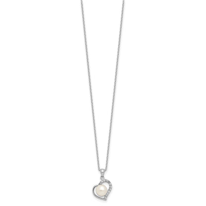 Sterling Silver Rhodium-plated 7-8mm Button White Freshwater Cultured Pearl and CZ Heart 17 inch Necklace