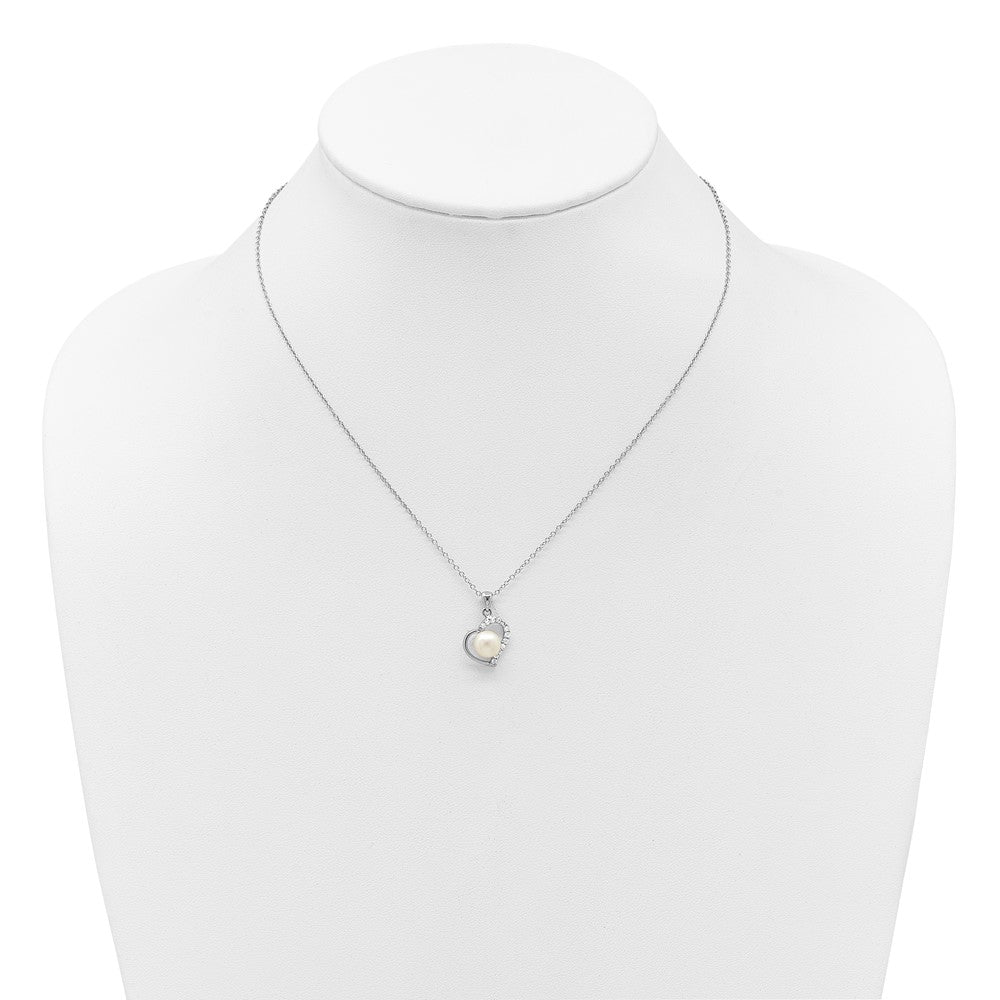 Sterling Silver Rhodium-plated 7-8mm Button White Freshwater Cultured Pearl and CZ Heart 17 inch Necklace