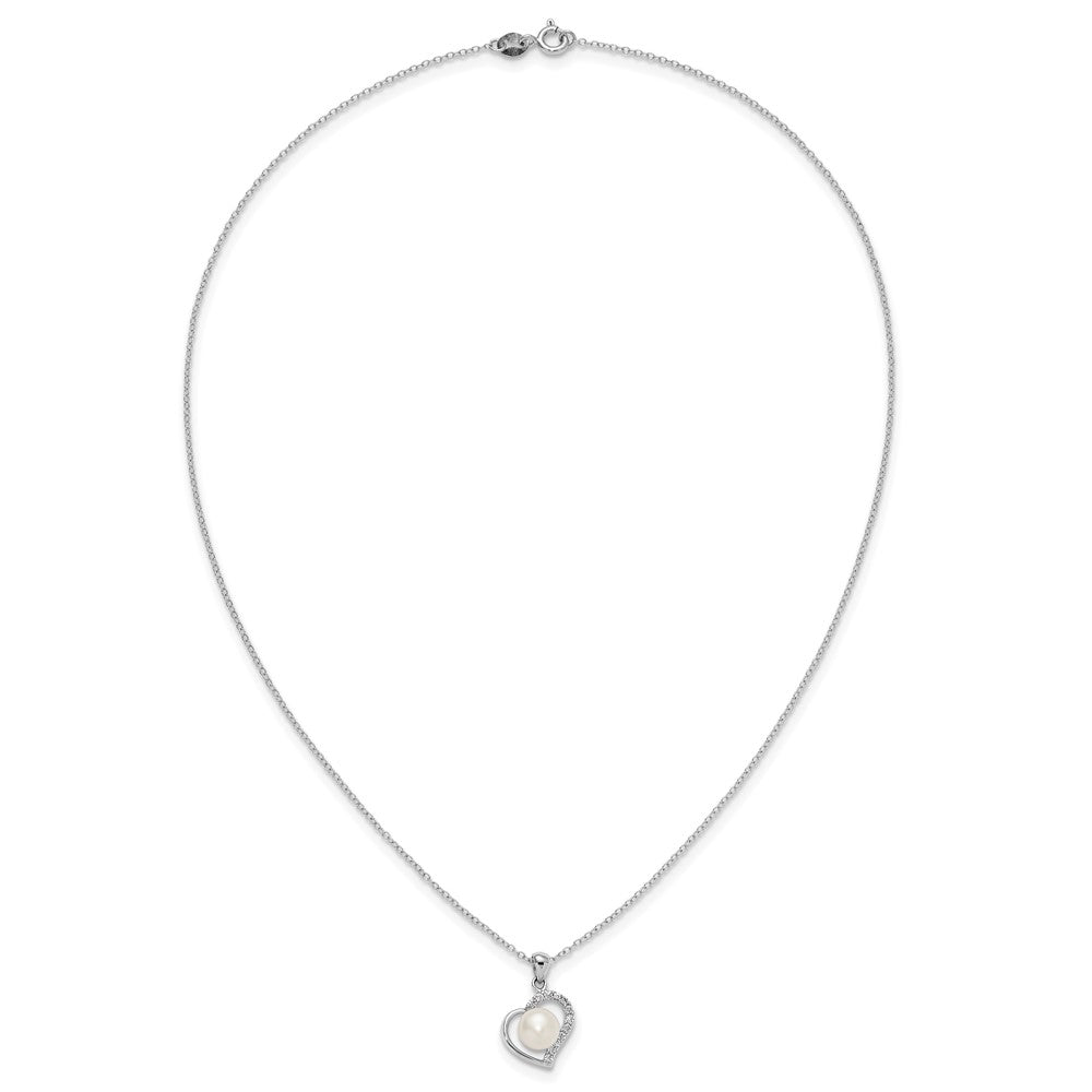 Sterling Silver Rhodium-plated 7-8mm Button White Freshwater Cultured Pearl and CZ Heart 17 inch Necklace